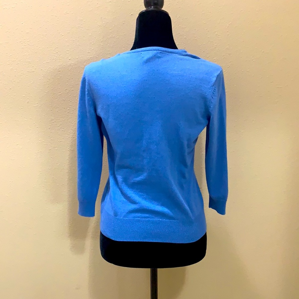 NY & Company 3/4 Sleeve light blue cardigan with flower appliqués on the left. - Picture 3 of 8